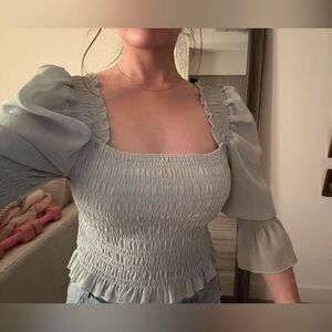 Smocked Square-Neck Puff Sleeve Top - Light Sage